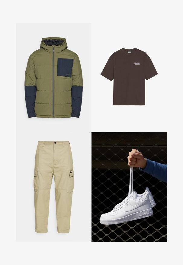 Oakley TAHOE JACKET - Talvitakki - new dark brush; Ruskea puuvillainen T-paita rentoa leikkausta, lyhyet hihat ja pieni "HERKULLINEN RAIKAS HEDELMÄ" -graafinen kuvasto valkoisena ja violetina.; Kermanväriset cargo-housut, jotka on valmistettu kestävästä kankaasta. Housuissa on kaksi sivutaskua, napitus ja kapenevat lahkeet, joissa on sileä pinta.; Valkoiset nahkasneakersit, joissa on rei'ityksiä, pyöreä kärki, tasapohja ja paksut nauhat, joissa on näkyvä swoosh-logo ja "AIR" kantapäässä.