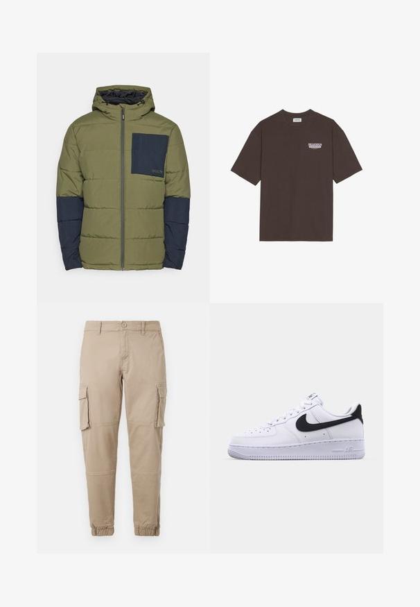 Oakley TAHOE JACKET - Talvejope - new dark brush; Pruun puuvillane T-särk, millel on vabalt langev lõige, lühikesed varrukad ja väike "MAITSVAD JA VÄRSKED PUUDED" graafika valge ja lilla värviga.; Beežid cargo-püksid kergest puuvillaste materjalist. Omab elastseid varrukatükke, mitmeid külgpocket'ite ja nööbiga sulgemist.; Valge nahast toss musta tekstuuriga Swooshiga, lamedate nööridega ja kummist tallaga, millel on sooneline muster. "AIR" on reljeefne kandadel.