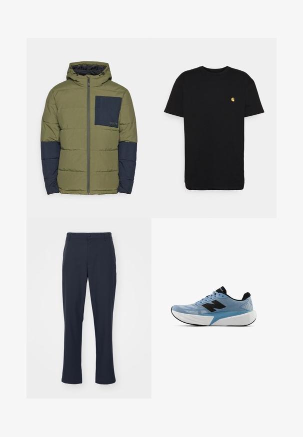 Oakley TAHOE JACKET - Žieminė striukė - new dark brush; Juodas medvilnės marškinėliai trumpomis rankovėmis, apvaliu kaklu ir maža geltona logo kairėje krūtinės pusėje. Paprastas dizainas ir įprasta apimtis.; Jūros mėlynos, pritaikytos kelnės iš poliesterio mišinio. Pasižymi mygtukų uždarymu, šoninėmis kišenėmis ir tiesiomis kojomis.; Šviesiai mėlynos spalvos bėgimo bateliai su juodu logo, storesne balta padanga ir juodu vidiniu pamušalu, matomi iš šono ant balto fono.