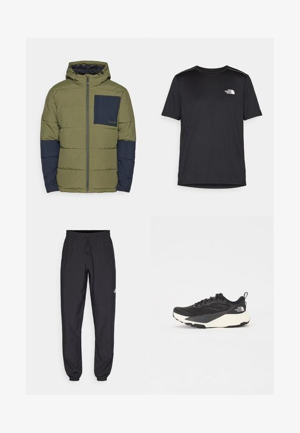 Oakley TAHOE JACKET - Vinterjakker - new dark brush; Sort t-shirt med korte ærmer lavet af letvægtsstof. Har et lille hvidt logo på venstre bryst og diskrete skuldrelementer.; Sorte atletiske bukser lavet af letvægtsstof, med en snor i taljen, sidelommer og tapered manchetter ved anklerne.; Sort sportsko med struktureret mesh-overdel, solide sorte detaljer og hvid letvægts sål. Har snørebåndslukning og trækstrop.