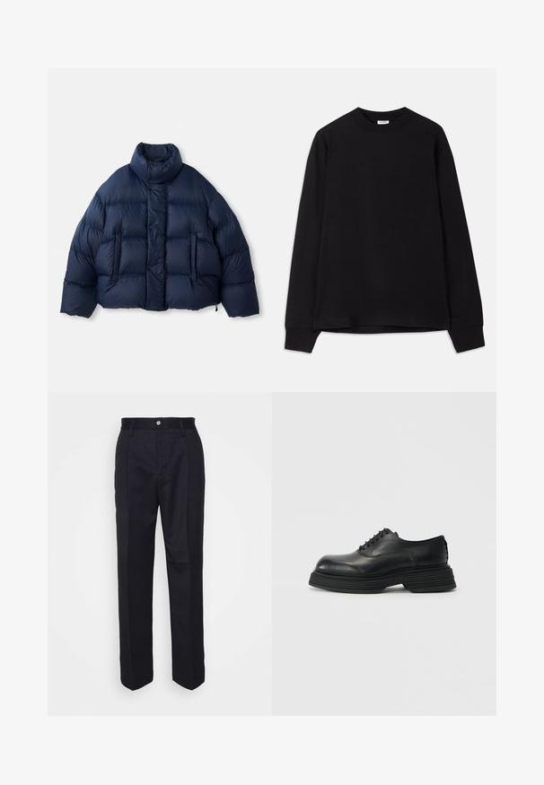 Giacca imbottita blu navy con colletto alto, bottoni a scatto frontali, imbottitura orizzontale e due tasche anteriori, esposta su sfondo bianco.; T-shirt nero a maniche lunghe realizzato in cotone morbido. Caratterizzato da un collo rotondo, vestibilità ampia e polsini a costine. Nessun motivo o logo visibile.; Pantaloni neri su misura con design a gamba dritta, realizzati in tessuto liscio, con chiusura frontale a bottone e due tasche laterali.; Scarpe in pelle nera con punta tondeggiante, caratterizzate da una suola stratificata spessa e un design tradizionale con lacci. Texture liscia con dettagli minimi.