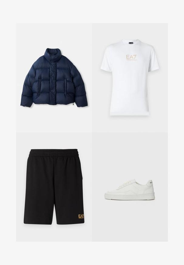 Navy blue puffer jacket with high collar, front snap buttons, horizontal quilting, and two front pockets, displayed on white background.; White cotton t-shirt featuring a round neckline and short sleeves, with a gold EA7 Emporio Armani logo printed on the front.; Black athletic shorts made of soft fabric,Featuring an elastic waistband and a small yellow EA7 logo on the lower left leg.; White leather sneaker with a smooth finish, round toe, flat laces, and a textured sole. Features a subtle logo on the heel.