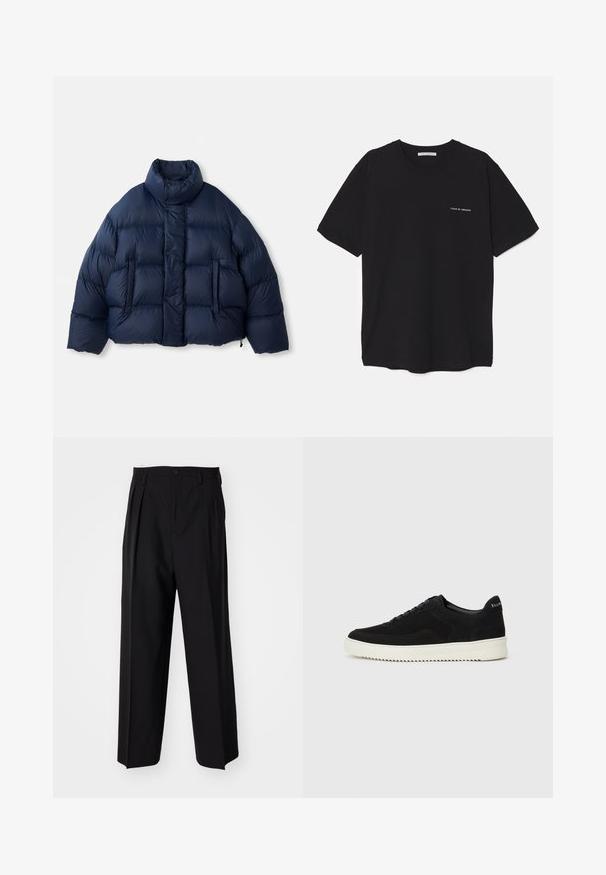 Chaqueta acolchada de color azul marino con cuello alto, botones de presión en la parte frontal, acolchado horizontal y dos bolsillos frontales, mostrada sobre fondo blanco.; Camiseta de algodón negra con cuello redondo, mangas cortas y un estampado de logo blanco en el lado izquierdo del pecho. Diseño simple y de color sólido.; Pantalones negros plisados con un diseño recto y de pierna ancha. Fabricados en una tela suave, presentan un cierre de botón y trabillas para el cinturón.; Zapatilla de ante negra con diseño de cordones y suela de goma blanca contrastante. Presenta paneles laterales texturizados y un sutil logo en el talón.