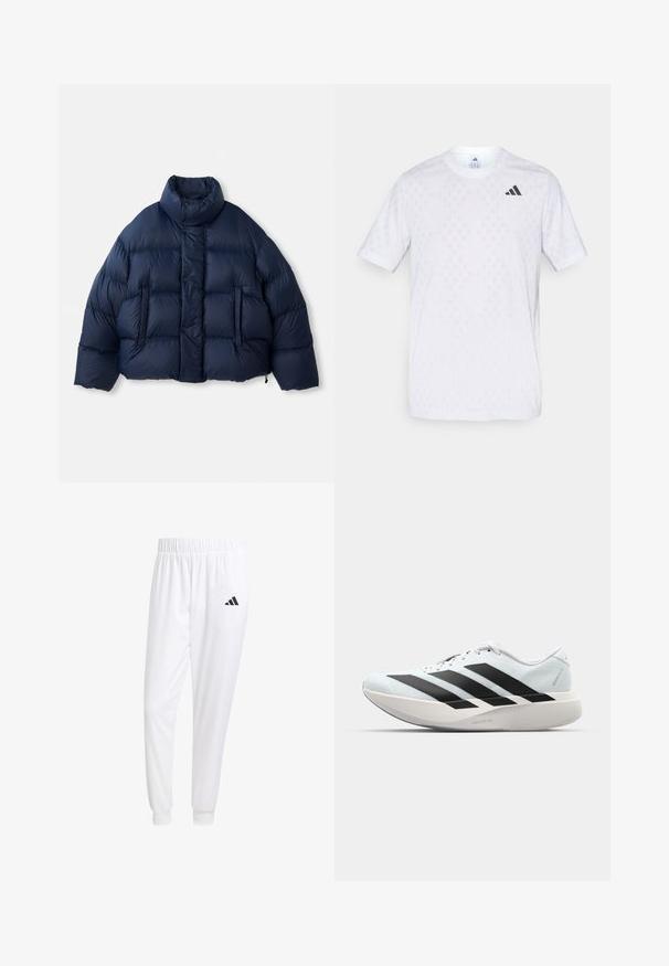 Tamsiai mėlynas pūkų striukė su aukštu apykakle, priekiniais spaudžiamais mygtukais, horizontaliu siuvinėjimu ir dviem priekinėmis kišenėmis, pateikiama ant balto fono.; Balti trumpa rankovė t-shirto viršutinė dalis su subtiliu deimantų raštu, pagaminta iš lengvo audinio, su juodu adidas logotipu ant krūtinės.; Balti sportiniai keliaraiščiai, pagaminti iš lygios medžiagos, su elastinga liemene ir priglundančiais rankogaliais, ant galinio kišenės yra juodas logotipas.; Lengvi bėgimo batai šviesiai mėlynos spalvos su juodomis juostelėmis. Yra lygus viršus, apvalus pirštas ir storas baltas vidpadis su užrašu "LIGHTSTRIKE PRO."