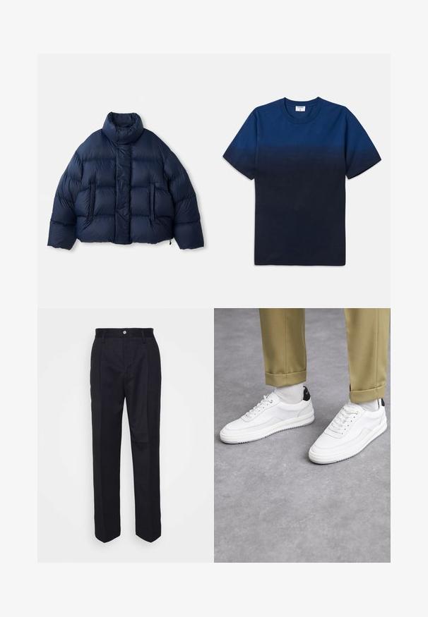 Giacca imbottita blu navy con colletto alto, bottoni a scatto frontali, imbottitura orizzontale e due tasche anteriori, esposta su sfondo bianco.; T-shirt in cotone blu navy con colletto rotondo, maniche corte e un design a gradiente sottile che passa da tonalità più chiare a tonalità più scure.; Pantaloni neri su misura con design a gamba dritta, realizzati in tessuto liscio, con chiusura frontale a bottone e due tasche laterali.; Sneaker bianchi con finitura in pelle testurizzata, punta arrotondata e accentuazione nera sul tallone. Suola in gomma con piccolo motivo di battistrada e dettagli cuciti.