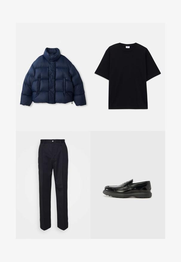 Navy blue puffer jacket with high collar, front snap buttons, horizontal quilting, and two front pockets, displayed on white background.; Black short-sleeve oversized T-shirt with round neckline and visible Filippa K brand label inside the collar.; Black tailored trousers with a straight-leg design, made of smooth fabric, featuring a front button closure and two side pockets.; Black leather loafer with a glossy finish, rounded toe, subtle stitching details, and a thick rubber sole for durability.