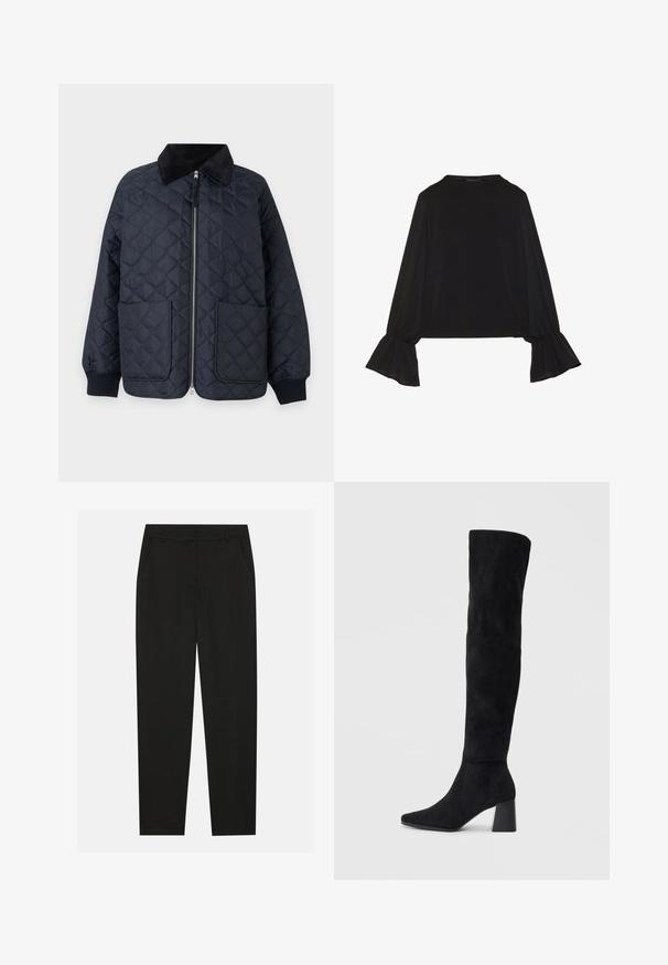 Marine blå quilted jakke med glidelås foran, kordfløyelskrage, to frontlommer, ribbestrikkede mansjetter og en avslappet passform.; Svart langermet topp med utsvingte mansjetter, myk tekstur og avslappet passform, med enkel rund hals.; Sorte bukser med skreddersydd design, med sidelommer og rett ben. Laget av glatt, lett stoff med en elegant finish.; Sorte semskede knelang støvel med blokk-heelsk, spiss tå og glatt, sømløst design på en ensfarget lys bakgrunn.