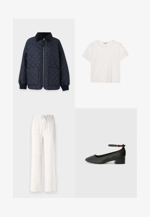 Marine blå quilted jakke med glidelås foran, kordfløyelskrage, to frontlommer, ribbestrikkede mansjetter og en avslappet passform.; Hvit T-skjorte med kort erm laget av myk bomull. Har rund hals og avslappet passform. Rent design uten synlige mønstre eller aksenter.; Hvite vide bukser laget av myk stoff, med snor i livet og jevn tekstur. Ingen mønstre eller dekorasjoner synlige.; Sorte skinnpumper med spiss tå og lav blokkhelt. Har ankelrem med gullfarget spenne. Glatt tekstur.