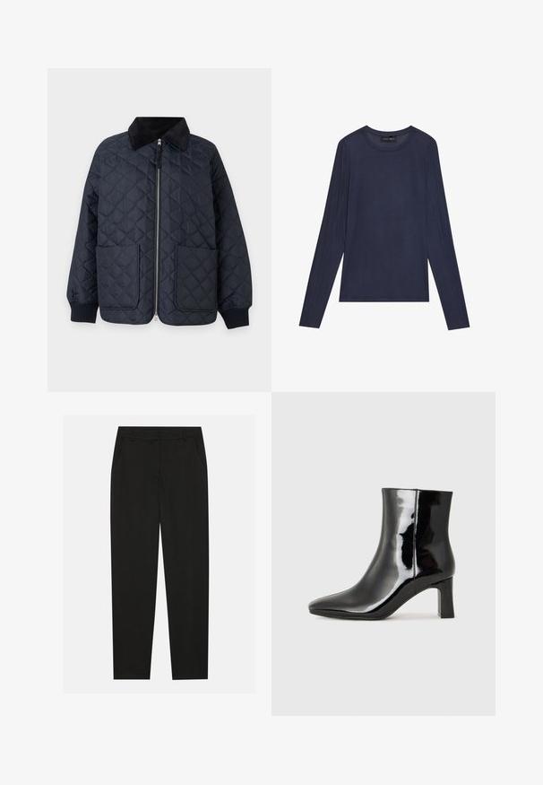 Navy prošívaná bunda se zipem vpředu, kordovým límcem, dvěma předními kapsami, žebrovanými manžetami a uvolněným střihem.; Námořnická dlouhá rukávová košile vyrobená z hladkého, lehkého materiálu. Obsahuje kulatý výstřih a švy podél rukávů a boků.; Černé kalhoty s vytvarovaným střihem, které mají boční kapsy a rovné nohavice. Vyrobené z hladkého, lehkého materiálu s elegantním povrchem.; Černé lakované kotníkové boty s špičatou špičkou a středně vysokým blokovým podpatkem. Hladká textura a minimalistický design.