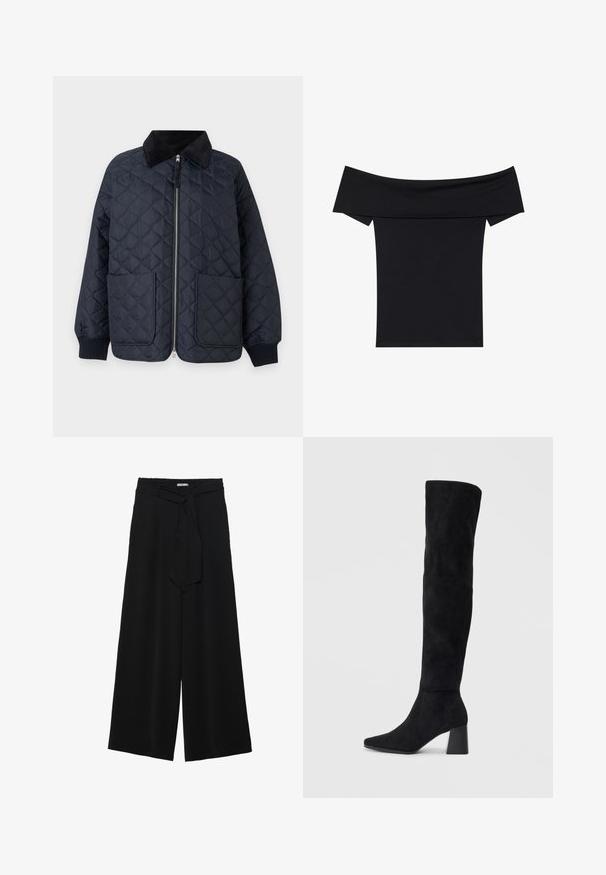 Marine blå quilted jakke med glidelås foran, kordfløyelskrage, to frontlommer, ribbestrikkede mansjetter og en avslappet passform.; Svart av-skulder topp laget av mykt elastisk stoff. Har korte ermer og en tettsittende silhuett. Enkel, sømløs design.; Svart vide bukser med teksturert stoff, elastisk midje og avtagbart belte som gir justerbar passform.; Sorte semskede knelang støvel med blokk-heelsk, spiss tå og glatt, sømløst design på en ensfarget lys bakgrunn.