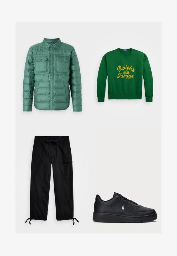 Geacă puf verde cu închidere butonată, două buzunare pe piept și buzunare laterale. Are un design matlasat și un guler deschis.; Hanorac verde cu guler rotund, decorat cu text brodat galben "Ralph's Garage" și detalii cu steag în carouri. Material din amestec de bumbac.; Pantaloni cargo negri cu talie elastică și șnur. Dispun de buzunare laterale și manșete ajustabile cu clești. Fabricat dintr-un material ușor.; Adidași negri din piele cu un design perforat, închidere cu șireturi plate și un logo brodat alb pe lateral. Talpă groasă din cauciuc negru.