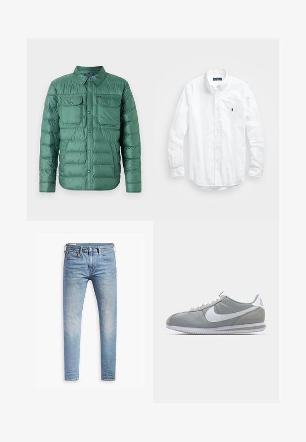 Žalias pūkuotas švarkas su užsegamu priekiu, dviem krūtinės kišenėm ir šoninėm kišenėm. Yra siuvinėtas dizainas ir atviras apykaklė.; Balta ilga rankovė mygtukų marškiniai iš medvilnės. Pasižymi klasikinėmis apykaklėmis, mygtukų rankogaliais ir mažuoju tamsiai mėlynu siuviniu su logotipu ant krūtinės.; Šviesiai mėlyni aptempti džinsai su lengvu nudėvėjimu šlaunyse, priekyje užsegami mygtuku, su diržo kilpelėmis ir penkių kišenių stiliumi ant baltos fono.; Pilkas sportinis batelis su zomšiniais ir tekstiliniais viršutiniais paviršiais, baltas Nike swoosh ženklas ir baltos raišteliai. Yra tekstūruotas gumos padas ir paminkštinta apykaklė.