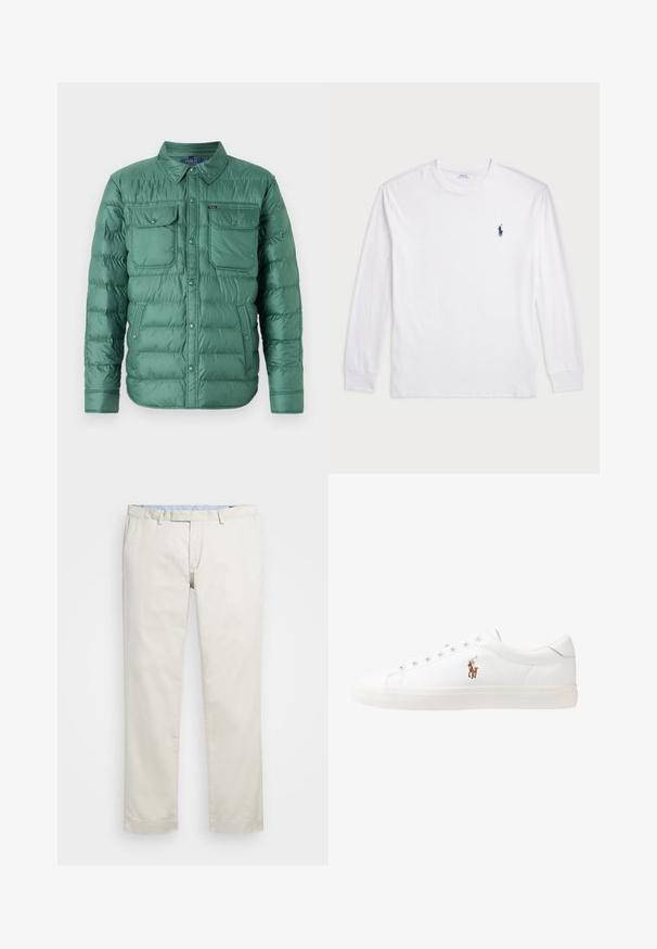 Žalias pūkuotas švarkas su užsegamu priekiu, dviem krūtinės kišenėm ir šoninėm kišenėm. Yra siuvinėtas dizainas ir atviras apykaklė.; Balta ilgomis rankovėmis marškinėliai iš medvilnės. Gali būti apvalios formos kaklas, raukšlės ant rankovių, ir nedidelis tamsiai mėlynas polo logotipas kairėje krūtinės pusėje.; Šviesiai rudi medvilniniai chinos tipo kelnės su plokščiu priekiniu dizainu, diržo kilpomis ir šoninėmis kišenėmis. Tiesaus kirpimo dizainas su lygiu paviršiumi ir lengvu, kvėpuojančiu jausmu.; Baltos odinės sportbačiai, žemo profilio, su lygia tekstūra, apvalia nosimi, raištelių sistema priekyje ir mažyte siuvinėta logo šone.