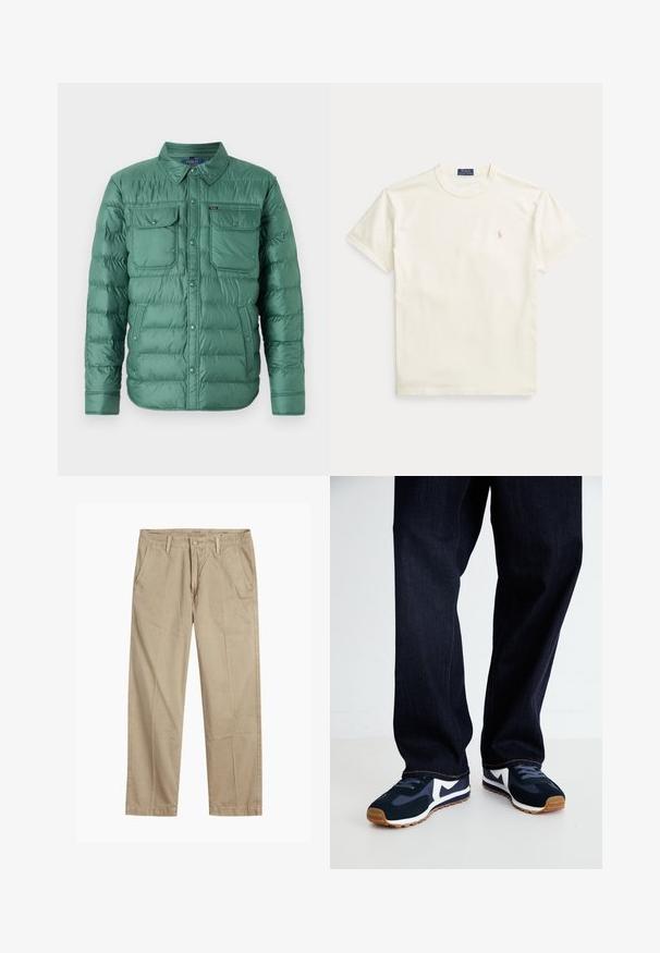 Casaco puffer verde com fecho frontal por botões, dois bolsos no peito e bolsos laterais. Apresenta um design acolchoado e colarinho aberto.; T-shirt de algodão cor creme com mangas curtas. Apresenta um logótipo bordado subtil no lado esquerdo do peito e uma gola redonda.; Chinos bege de perna reta com passantes para cinto, fecho frontal com botão e fecho de correr, e bolsos frontais inclinados.; Tênis atléticos em azul marinho e branco com um upper texturizado, cadarços e sola de borracha, combinados com calças de ganga escuras com costuras laranja.