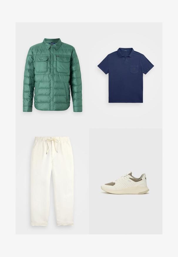 Zöld puffernadrág gombos elülső résszel, két mellzsebbel és oldalsó zsebekkel. Tömörített mintázattal és széles nyakkal rendelkezik.; Sötétkék pólóing rövid gallérral, mellső zsebbel és hímzett logóval. Puha, texturált anyagból készült.; Világos krém színű, puha anyagból készült könnyed nadrág. Rugalmas derékpánttal és húzózsinórral rendelkezik, valamint keskenyített lábdesign jellemzi.; Fehér és világos bézs sportcipő, légies hálós felsőrésszel, perforált részletekkel és texturált középtalppal, amelyen a saroknál a márka logója található.