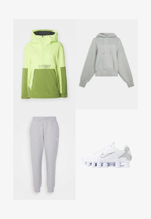 Casaco híbrido de verde néon brilhante e verde oliva, com capuz, bolso frontal e um logo da Oakley no peito. Textura suave.; Sweatshirt cinzento cropped feito de um tecido suave. Apresenta um capuz com cordão ajustável, mangas largas e um pequeno logo na frente.; Calças de algodão cinzentas claras com cintura elástica, pernas ajustadas e um pequeno logótipo branco na coxa esquerda. Feitas de um tecido suave e texturizado.; Ténis atléticos brancos com parte superior em malha, detalhes em prata e um design de sola em espiral único. Apresentam um colarinho acolchoado e fecho com atacadores para um melhor ajuste.