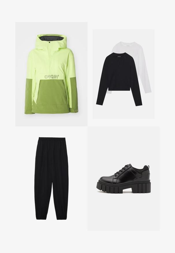 Spilgti neona zaļš un olīvu zaļš hibrīda jaka, ar kapuci, priekšējo kabatu un Oakley logo uz krūtīm. Gluda tekstūra.; Divas garām piedurknēm krekli: viens melns un viens balts. Abiem ir apaļa izgriezne, raglanu piedurknes un mīksta kokvilnas maisījuma audums.; Melnas, vieglas bikses ar elastīgu jostu un savilktiem potītiem. Audums ir gluds un to raksturo brīva, sašaurināta forma.; Melnas ādas platformas kurpes ar masīvu bloku papēdi, apaļu purngalu un tradicionālu saistīšanas dizainu. Izceļas ar gludu tekstūru un minimālu apdari.