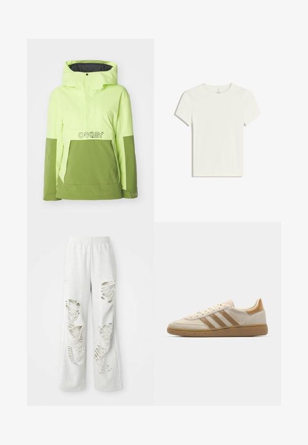 Fényes neonzöld és olívazöld hibrid dzseki, kapucnival, elülső zsebbel és egy Oakley logóval a mellkason. Simogató tapintás.; Fehér, rövidujjú póló, puha, könnyű anyagból készült. Kerek nyakkivágással és egyszerű mintázattal rendelkezik, minta vagy díszítés nélkül.; Világosszürke, laza fazonú melegítőnadrág, több elhasználódott folttal, puha tapintással és rugalmas derékkal.; Beige velúr sportcipő világosbarna részletekkel. Három barna csíkkal, texturált gumitalppal és lekerekített orrkivágással rendelkezik.