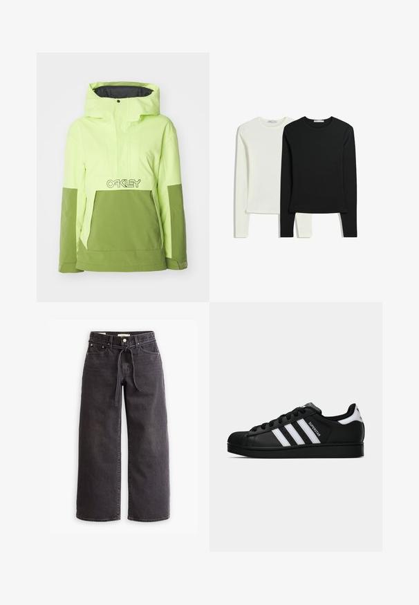 Helle neon grüne und olivgrüne Hybridjacke mit Kapuze, Fronttasche und einem Oakley-Logo auf der Brust. Glatte Textur.; Zwei Langarmshirts: eines in Weiß und eines in Schwarz. Aus glattem Stoff gefertigt, mit Rundhalsausschnitten und figurbetonten Schnitten sowie geraden Säumen.; Schwarze, weit geschnittene Jeans aus Denim mit einem Zugbandbund, fünf Taschen und kontrastierenden Nahtdetails. Flacher Frontschnitt.; Schwarzer Adidas Superstar Sneaker mit weißen Streifen, Schalenzehen und "Superstar"-Schriftzug an der Seite, im Seitenprofil auf weißem Hintergrund dargestellt.
