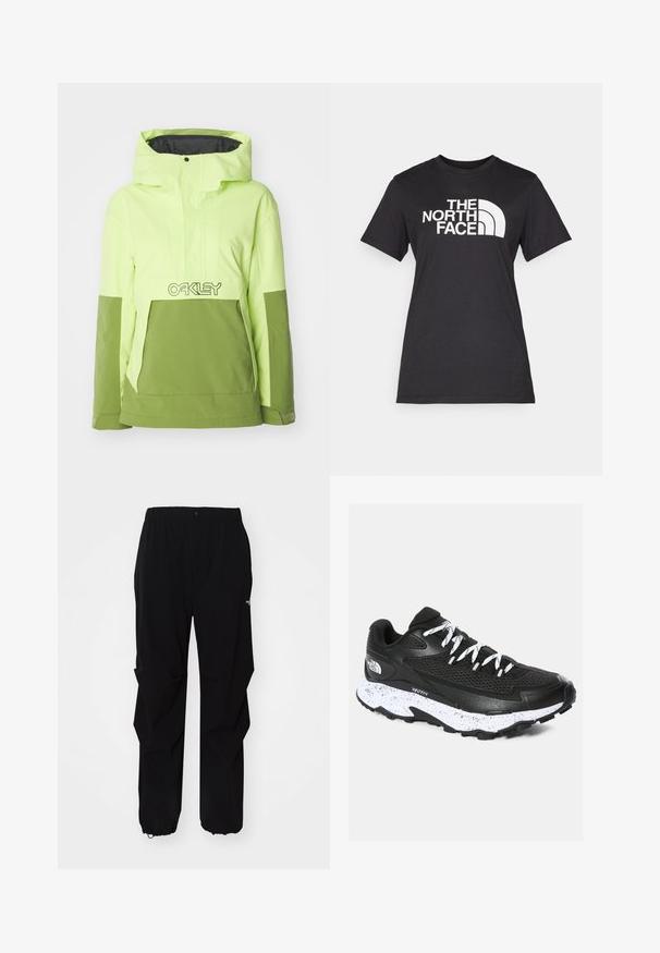 Erks-roheline ja oliiviroheline hübriidjakk, millel on kapuuts, eesmine tasku ja Oakley logo rinnal. Sile tekstuur.; Mustmust värvi puuvillane T-särk, millel on suur valge "THE NORTH FACE" logo ja kaarene aksent. Lühikesed varrukad ja ümmargune kaelus, sile tekstuur.; Mustad must outdoor püksid, valmistatud vastupidavast materjalist, millel on mugav lõige, elastne vöökoht ja reguleeritavad varrukaotsad.; Must must sneaker, mille pehme ülemine osa ja tekstuuriga disain. Omab valgete täppidega vahekihti, paksu musta tallaga ja peegeldavaid paelu.