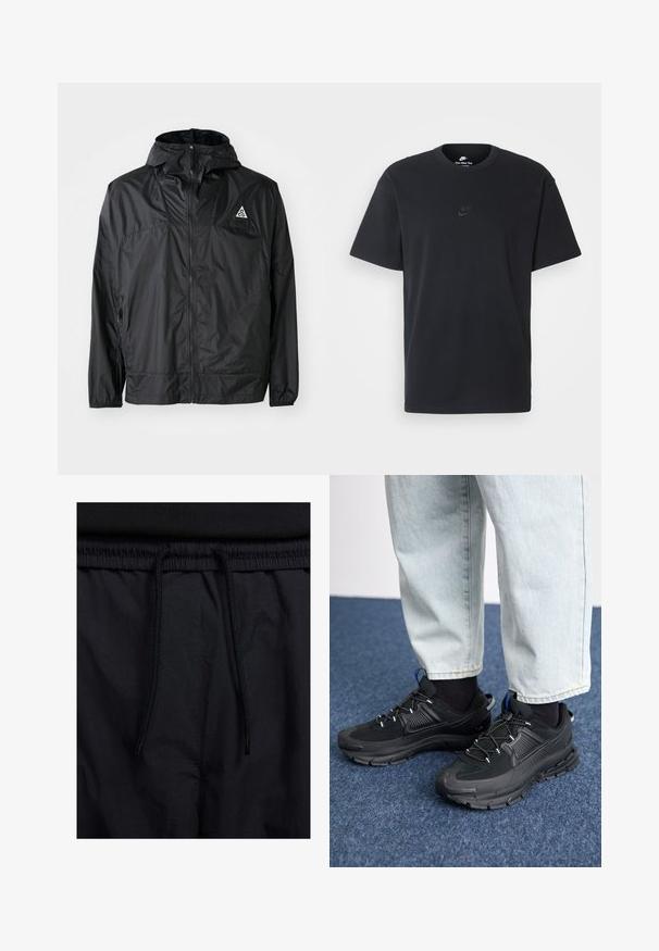Jaqueta leve preta feita de nylon. Conta com capuz, zipper completo, punhos elásticos e um logotipo triangular no peito.; T-shirt de algodão preto da Nike com um clássico decote redondo, mangas curtas e um logótipo em relevo discreto no peito. Textura suave.; Calções pretos com um cós elástico ajustável, fabricados em tecido leve com uma textura suave e um design simples, sem logótipos ou padrões visíveis.; Sapatilhas desportivas pretas com tecido texturizado e solas em borracha, apresentando atacadores elásticos e um detalhe azul no calcanhar. Usadas com calças de ganga claras.