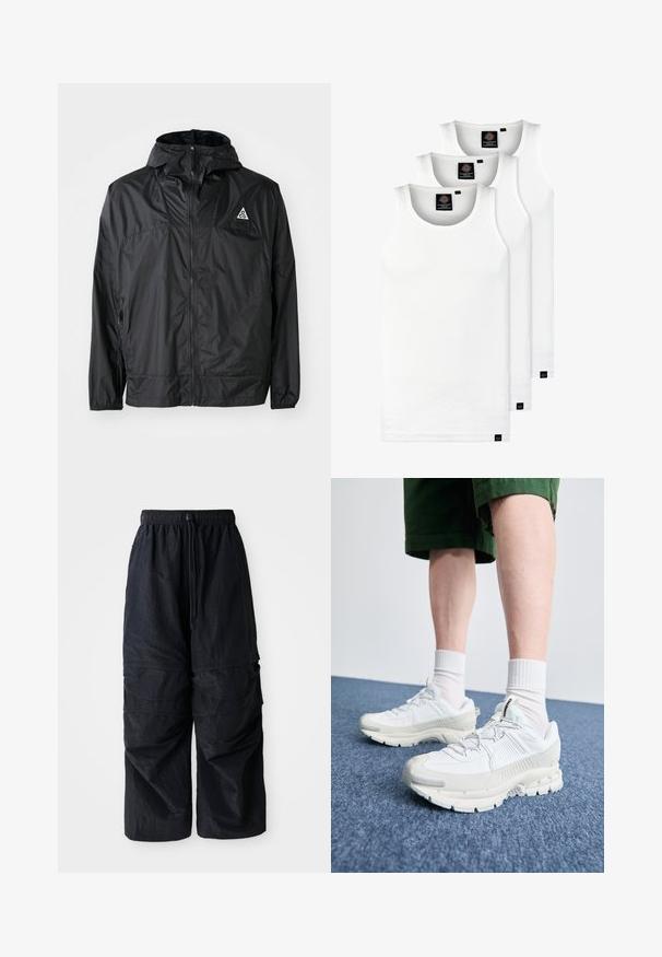 Fekete, könnyű nylon dzseki. Jellemzői: kapucni, teljes hosszúságú cipzár, rugalmas mandzsetták, és egy háromszögletű logó a mellkas felső részén.; Három fehér csíkos pamut trikó. Felső része kerek nyakkivágású, és a szegély közelében kis fekete címkék találhatók. Több méretben elérhető.; Fekete, könnyű nátron anyagú cargo nadrág, elasztikus derékpánttal, állítható húzózsinórral és több rétegű zsebekkel a lábakon.; Fehér sportcipők texturált burkolattal, vastag talppal és szürke részletekkel. Fehér sportzoknival és zöld rövidnadrággal viselve, kék felületen.