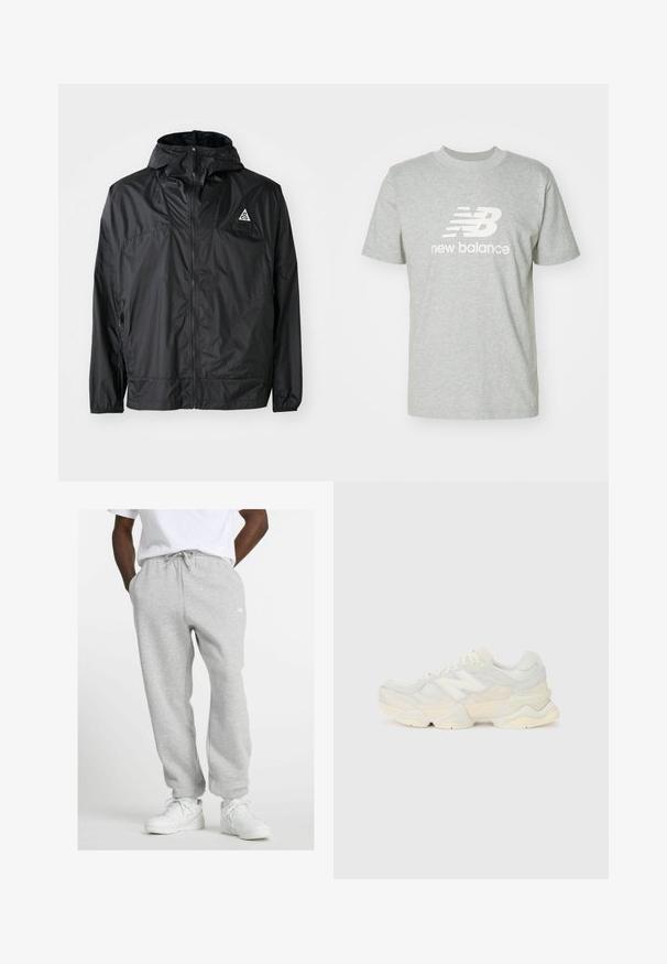 Črna lahka jakna iz najlona. Ima kapuco, poln zadrgo, elastične manšete in trikotno logo na zgornjem delu prsnega koša.; Svetlo siva bombažna majica z kratkimi rokavi, okroglo ovratnikom in belim logotipom "New Balance" v ospredju.; Moški nosi svetlo sivo trenirko z vrvico in bele superge, stoji z rokami v žepih na beli podlagi.; Lahki športni čevlji z zgornjim delom iz mrežastega materiala in antilopa v nežnih kremnih tonih, z debelim podplatom in tridimenzionalnimi poudarki.