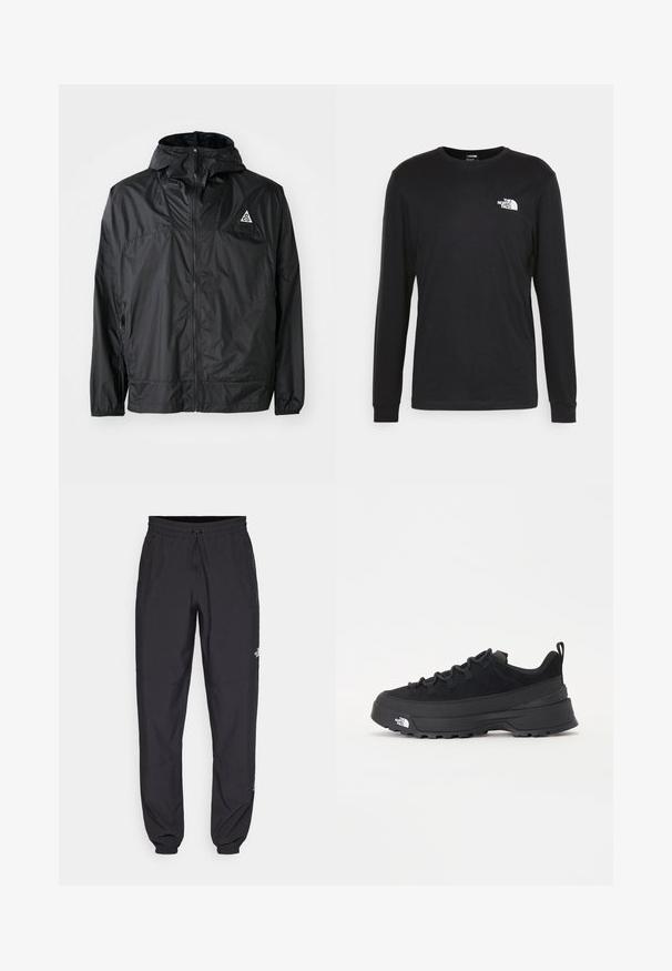 Juodas lengvas švarkas pagamintas iš nailono. Jame yra kapišonas, visiškai užtraukiama užtrauktukas, elastinės rankogaliai ir trikampis logotipas ant viršutinės krūtinės dalies.; Juoda džemperis ilgomis rankovėmis, pagamintas iš medvilnės, su baltu logotipu kairėje krūtinės pusėje ir pūstomis rankogaliais. Lygus paviršius su apykakle.; Juodos sportinės kelnės, pagamintos iš lengvos medžiagos, su raišteliu liemens srityje, šoniniais kišenėmis ir siaurėjantys apykaklės prie kulkšnies.; Juodas lauko sportinis batelis su zomšiniu viršumi, tekstūruota guma padais ir tvirtas raištelių sistema. Yra sustiprinta kulno dalis ir prekės ženklo logotipas šone.