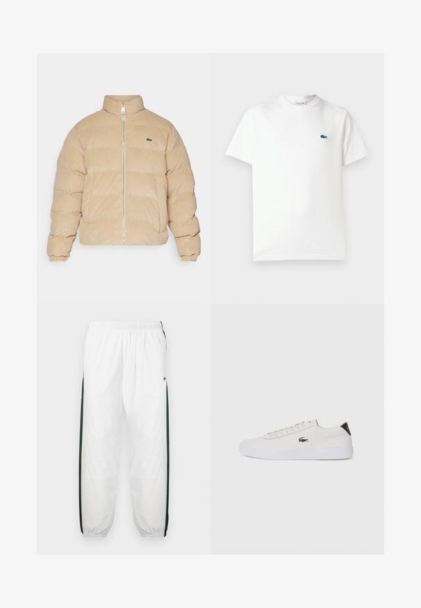 Chaqueta de plumas de pana beige con un alto cuello, cierre de cremallera y puños acanalados. Presenta un patrón acolchado y un pequeño logo bordado.; Camiseta de algodón blanca con cuello redondo, mangas cortas y un pequeño logo de cocodrilo bordado en verde en el lado izquierdo del pecho.; Pantalones de chándal blancos con paneles laterales de color verde oscuro. Material ligero, cinturilla elástica y dobladillos con puños. Presenta textura de malla en los paneles laterales.; Zapatilla de cuero blanca con punta redonda, parte frontal con cordones y acento negro en el talón. Presenta un pequeño logo de cocodrilo bordado en el lateral.