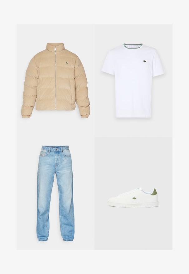 Smėlinis švarkas su pūku, aukštu apykakle, užtrauktuku ir raštuotais rankogaliais. Turi siuvinėtą logotipą ir ketvirčio raštą.; Balta medvilninė trumpo rankovės marškinėliai su įsiūtu apykakle, dekoruota žaliais ir juodais dryžiais; mažas žalias siuvinėtas logotipas kairėje krūtinės pusėje.; Šviesiai mėlyni džinsai, pagaminti iš džinsinio audinio, turi tiesų kirpimą, penkių kišenių dizainą ir matomą mygtukinę užsegimą su kontrastingu siuvimu.; Baltos sportiniai bateliai su lygaus paviršiaus tekstūra, kuriuose yra žalias akcentas kulne ir mažas siuvinėtas krokodilo logotipas šone.