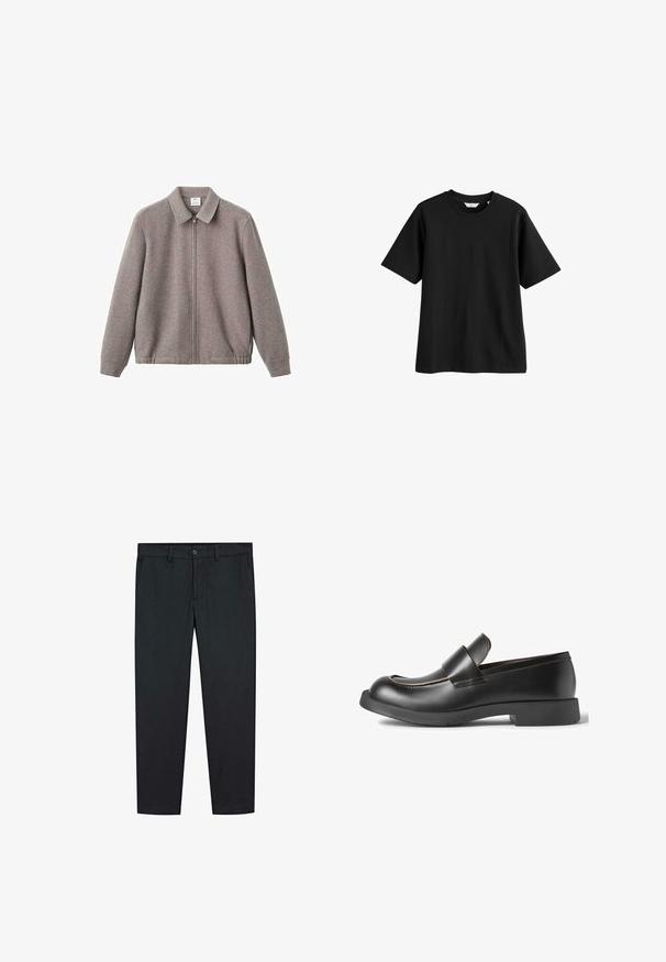 Šedá zipová bunda s límcem a postranními kapsami, s hladkou texturou a elastickým lemem, vyrobená z měkkého materiálu.; Černé bavlněné tričko s krátkými rukávy, kulatým výstřihem a volným střihem. Hladký povrch, žádné viditelné vzory ani akcenty.; Černé kalhoty se rovnými nohavicemi, vyrobené z hladké látky. Mají dvě přední kapsy a zapínání na knoflík v pase.; CAMPERLAB MIL-1978 - Polobotky - schwarz