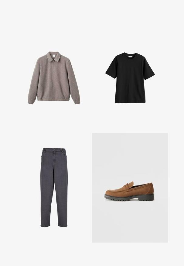 Szara kurtka zapinana na zamek z kołnierzem i bocznymi kieszeniami, charakteryzująca się gładką teksturą i elastycznym dołem, wykonana z miękkiego materiału.; Czarny bawełniany t-shirt z krótkim rękawem, okrągłym dekoltem i luźnym krojem. Gładka tekstura, bez widocznych wzorów czy akcentów.; Szare dżinsy o luźnym kroju, posiadające prostą nogawkę, kieszenie z przodu oraz szlufki na pasek. Gładka faktura z minimalnym wyblaknięciem.; Brązowe zamszowe mokasyny z zaokrąglonym noskiem i niską czarną gumową podeszwą, z dekoracyjnym paskiem i detalami ściegów na cholewce.