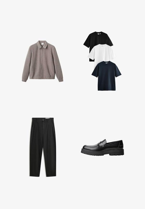 Harmaa vetoketjullinen takki, jossa on kaulus ja sivutaskut, sileä rakenne ja elastinen helma, valmistettu pehmeästä kangasmateriaalista.; Kolme lyhythihaista t-paitaa pinottuna: yksi musta, yksi valkoinen ja yksi tummansininen. Valmistettu puuvillasta, pyöreäkauluksisia ja rentoa mallia.; Mustat puuvillahousut rentoa mallia, joissa on klassinen vyötärö, etukangastukset ja sivutaskut. Sileä pinta ilman kuvioita.; Musta nahkainen loaferi, jossa on paksu urheilupohja ja koristeellinen hihna yläpääkkeellä, esitettynä vasemman sivuprofiilin kuvassa valkoista taustaa vasten.