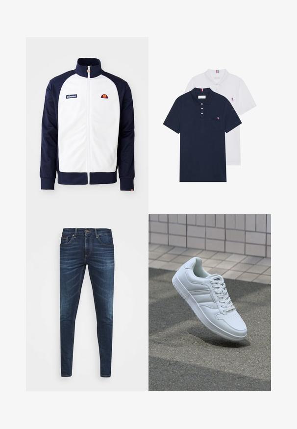 White and navy zip-up jacket in smooth fabric. Features a high collar, athletic design, and logo on the chest with color-blocked sleeves.; Two polo shirts: one navy blue and one white, both with a small red, white, and blue accent on the chest pocket and collar.; Dark blue denim jeans with a slim fit, subtle fade, five pockets, and a metal button closure. Stitched accents in contrasting color.; White athletic sneaker with smooth leather upper, lace-up front, perforated toe, and patterned sole. Minimalist design with three side stripes.