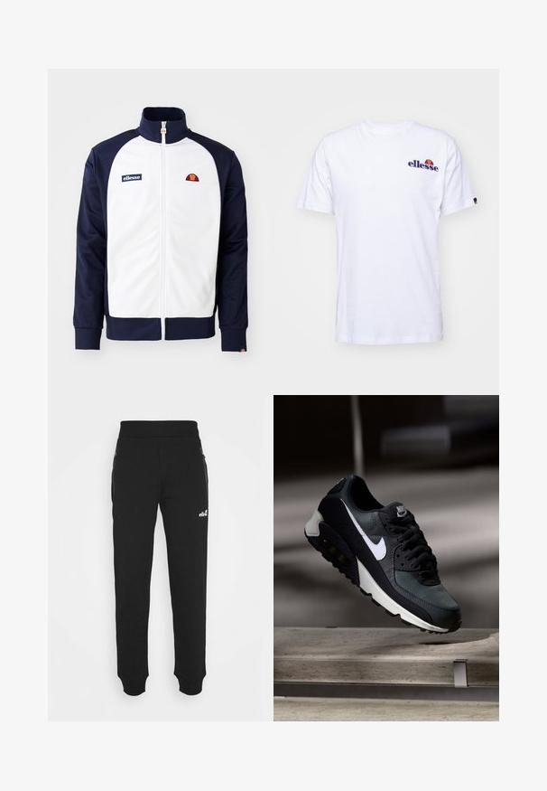 Bela in mornarsko modra jakna z zadrgo iz gladkega materiala. Ima visok ovratnik, športen dizajn in logo na prsih z rokavi v različnih barvah.; Bela bombažna majica s kratkimi rokavi, ki ima na levi strani prsnega dela vezeno logotip v mornarsko modri barvi, nad logotipom pa živahen barvni poudarek.; Črne trenirke iz mehkega blaga imajo zasnovo z zoženimi nogami, elastičen pas, stranske žepe z zadrgo in majhen logotip.; Črne in zelene športne copate z vzorčasto mrežasto zgornjo obutvijo, belim swoosh logotipom, oblazinjenim ovratnikom in vidno enoto z zračnim blaženjem v podplatu.