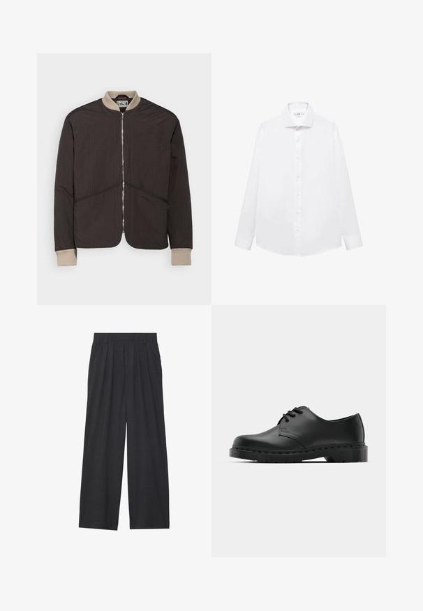 Pompeii PADDED JACKET - Ľahká bunda - coffee; Biela košeľová blúzka s dlhým rukávom vyrobená z hladkej bavlny, s prípadným golierom, predným zapínaním na gombíky a rovnými okrajmi.; Široké nohavice vyrobené z tmavosivej látky. Majú prešívanie v páse, prispôsobený strih a rovný silueta.; Čierne kožené oxfordky s viazaním, zaoblenou špičkou, plochou gumovou podrážkou a jemným prešívaním pozdĺž hornej časti.