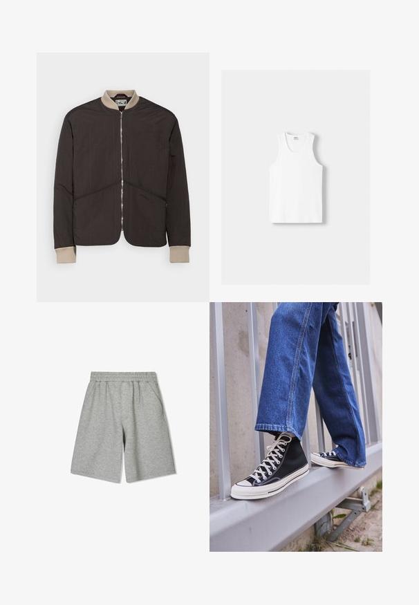 Pompeii PADDED JACKET - Jas - coffee; Witte katoenen tanktop met een ronde halslijn, brede schouderbanden en een rechte zoom, met een gladde textuur en zonder zichtbare patronen.; Grijze katoenen shorts met een elastische tailleband, voorzien van zijzakken en een relaxte pasvorm. Soepele textuur en knielange stijl.; Zwarte hoge sneakers met witte zool en veters, gecombineerd met losse blauwe denim jeans, rustend op een grijze leuning.