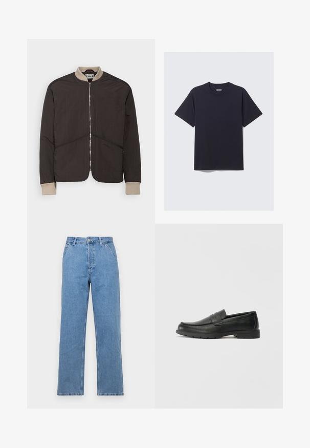 Pompeii PADDED JACKET - Jachetă subțire - coffee; Tricou din bumbac negru, cu guler rotund, mâneci scurte și o croială lejeră. Dispune de un design simplu, fără modele sau accesorii vizibile.; Jeans din denim albastru deschis cu croială dreaptă, având un design clasic cu cinci buzunare, închidere frontală cu nasture și bucle pentru brâu. Textură netedă.; Labeled cu oglindă din piele neagră cu un finisaj neted, partea superioară în stil mocasin, detalii cusute și o talpă din cauciuc. Design clasic cu un toc jos.