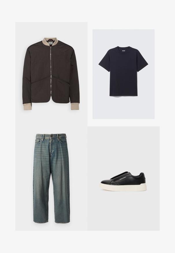Pompeii PADDED JACKET - Viegla jaka - coffee; Melna kokvilnas T-krekls ar apaļu kaklu, īsām piedurknēm un brīvu piegriezumu. Iezīmē vienkāršu dizainu bez rakstiem vai redzamiem aksesuāriem.; Gaiši zili džinsi ar brīvu piegriezumu, vidējo jostas augstumu un taisnām kājām. Satur piecas kabatas, jostas cilpas un pogu aizdari.; Melna slip-on kedu ar teksturētu ādas augšdaļu, baltu gumijas zoli un bez redzamām šņorcēm. Uz sāna ir zīmola logo.