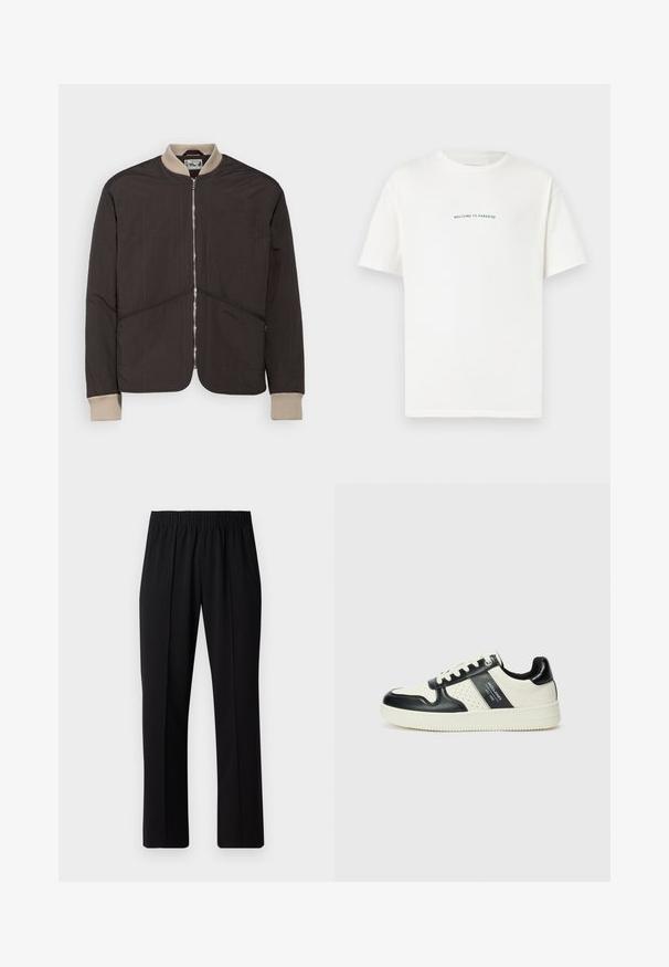 Pompeii PADDED JACKET - Viegla jaka - coffee; Baltā kokvilnas T-kreklā ar īsām piedurknēm un apaļu kakla izgriezumu. Centrāls teksts lasa "LAIPNI LŪDZAM PARADĪZĒ" zaļā, izliekta fontā.; Melni elastīgi bikses ar taisnas kājas dizainu, ar gludu tekstūru un bez redzamām zīmēm vai detaļām.; Ādas sporta apavi ar melnbaltu krāsu shēmu, ar perforētiem akcentiem, mīkstinātu apkakli un teksturētu zoli.