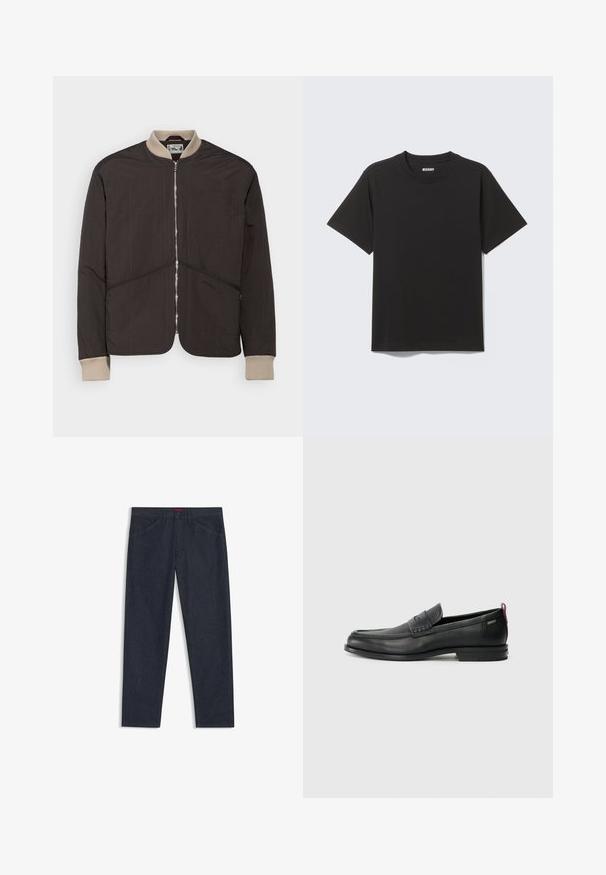 Pompeii PADDED JACKET - Übergangsjacke - coffee; Schwarzes T-Shirt mit kurzen Ärmeln aus weicher Baumwolle, mit rundem Ausschnitt und einfachem Design ohne Muster oder Akzente.; Dunkelblaue Jeans aus Denim mit geradem Bein, fünf Taschen, dezenter Naht und einem roten Markenschild am Bund.; Schwarze Lederloafers mit einem strukturierten Vorderteil und glatten Seiten. Sie verfügen über einen schmalen Absatz und eine Schlaufe an der Rückseite für einfaches Anziehen. Klassisches Design.