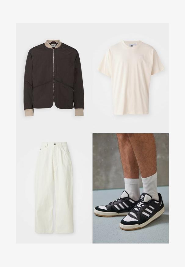 Pompeii PADDED JACKET - Light jacket - coffee; Cream cotton t-shirt with a round neckline and short sleeves; features a small, light-colored logo on the chest.; White wide-leg pants made of cotton, featuring a high waist, five pockets, and metal button closure. Smooth texture with a minimalist design.; Black and white sneakers with a suede and leather upper, featuring three white stripes, a perforated toe, and a gum rubber sole.