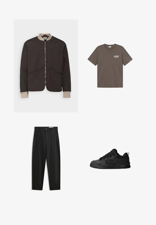 Pompeii - Kurtka przejściowa; Brązowa bawełniana koszulka z okrągłym dekoltem, krótkimi rękawami i małym białym logo graficznym na lewej piersi. Gładka tekstura, luźny krój.; Czarne bawełniane spodnie o luźnym kroju, z klasycznym pasem, przednimi plisy oraz bocznymi kieszeniami. Gładka struktura, bez wzorów.; Czarne sneakersy z teksturowaną cholewką, z sznurowadłami, siateczkowymi akcentami dla lepszej wentylacji, wyściełanym kołnierzem oraz solidną podeszwą.