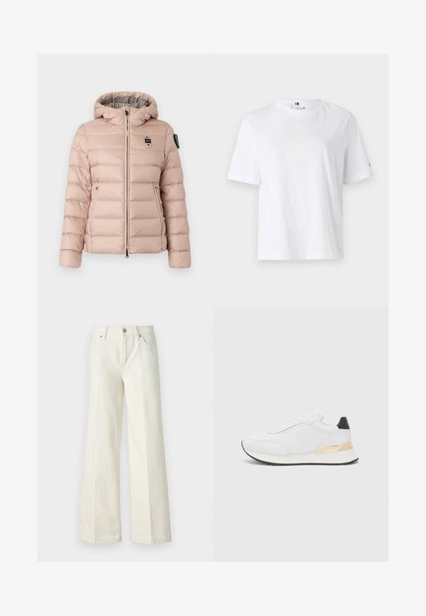 Šviesiai rožinė pūkinė striukė su kapišonu, turinti užtrauktuką priekyje, dvi šonines kišenes ir logotipo pleistrą kairėje krūtinės pusėje. Lygus, siuvinėtas paviršius.; Balta medvilninė marškinė su apvalia kaklo išpjova, trumpomis rankovėmis ir subtiliu geltonu logotipu, kuris sako "HILFIGER NEW YORK 1985." Standartinio kirpimo.; Platūs balti džinsai, pagaminti iš medvilnės mišinio. Yra užtrauktukas, penkių kišenių dizainas ir siūlės išsiuvinėjimas.; Balti sportbačiai su lygiu paviršiumi, su juodu kulno akcentu ir auksiniu metaliniu detaliu ant tarpiklio. Laidiška konstrukcija, guminis padas.