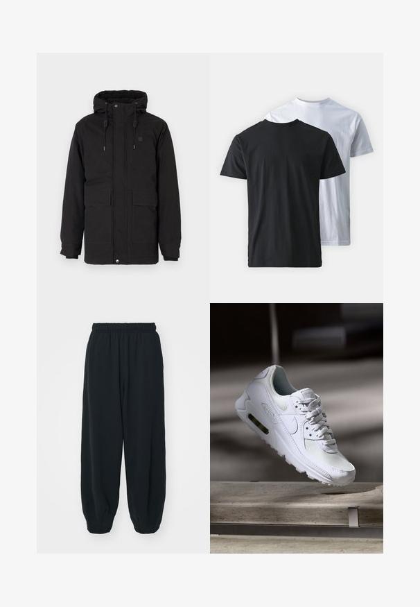 Schwarze isolierte Kapuzenjacke mit zwei Fronttaschen, einem weichen Innenfutter, elastischen Bündchen und einem Reißverschluss mit Druckknöpfen.; Zwei Baumwoll-T-Shirts, Rücken an Rücken gezeigt: eines schwarz und eines weiß. Beide haben kurze Ärmel und Rundhalsausschnitte und verfügen über eine glatte Textur.; Schwarze Sweatpants mit elastischem Bund, lockerer Passform, gerippten Beinabschlüssen, glatter Textur und ohne sichtbare Muster oder Hardware-Akzente.; Weiße Nike Air Max 90 Sneaker mit einem Obermaterial aus Mesh und Leder, durchlässigem Zehenbereich und einer sichtbaren Air-Einheit in der Ferse.