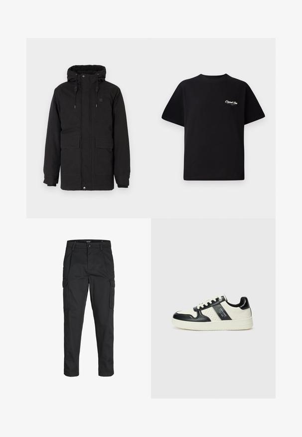 Musta eristetty huppari, jossa on kaksi etutaskua, pehmeä vuori, joustavat hihansuut ja vetoketjulla varustettu suljin, jossa on napsautusnapit.; Mustat puuvillateepaidat, joissa on pyöreä kaula-aukko, lyhyet hihat ja pieni valkoinen logoteksti vasemmassa rinnassa. Yksinkertainen suunnittelu, klassinen istuvuus.; Mustat cargo-housut, jotka on valmistettu kestävästä kankaasta. Housuissa on useita taskuja, nappisulku ja kapea istuvuus, jossa on kapenevat lahkeet.; Nahkakengät musta-kerma värimaailmassa, joissa on rei'itetyt yksityiskohdat, pehmustettu nilkkaosa ja teksturoitu pohja.