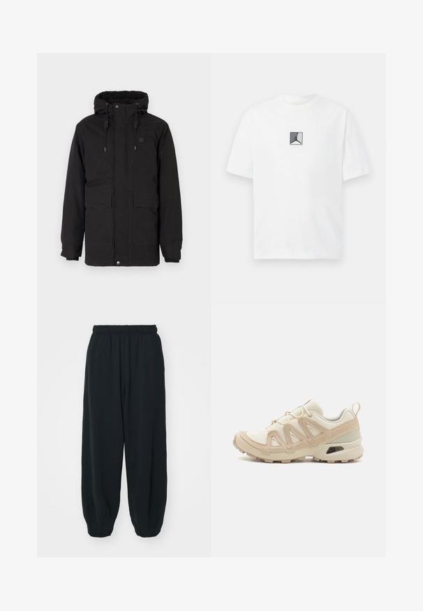 Giacca a vento nera isolata con cappuccio, dotata di due tasche frontali, una morbida fodera interna, polsini elasticizzati e chiusura con zip e bottoni a pressione.; T-shirt bianca in cotone con un grafiche logo centrale in nero e grigio. Collo rotondo classico e maniche corte con una vestibilità rilassata.; Pantaloni da jogging neri con vita elasticizzata, dalla vestibilità morbida, caviglie a costina, texture liscia e senza motivi visibili o dettagli in metallo.; Scarpa atletica beige e crema con tomaia in mesh testurizzato, sovrapposizioni supportive e suola in gomma con un motivo a tasselli per la trazione.
