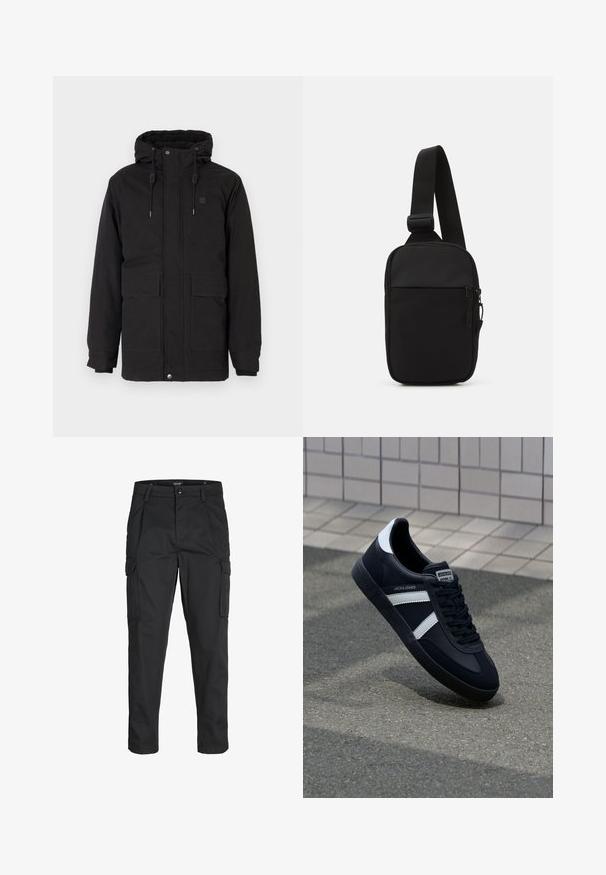 Zwarte geïsoleerde hooded jas, met twee voorzakken, een zachte binnenvoering, elastische boorden en een ritssluiting met drukknoopsluitingen.; Zwarte T-shirt van katoen met korte mouwen. Heeft een groen "ROOTS" logo op de voorkant, een ronde halslijn en een standaard pasvorm.; Zwarte cargobroek van stevig stof, met meerdere zakken, een knoopsluiting en een slim fit ontwerp met taps toelopende benen.; Zwarte leren sneaker met witte strepen, een gestructureerde rubberen zool en vetersluiting aan de voorkant. Voorzien van een merklabel op de tong.; Zwarte schoudertas gemaakt van duurzaam stof, met een enkele verstelbare schouderband, een gepartitioneerd hoofdcompartiment met rits en een voorvak.