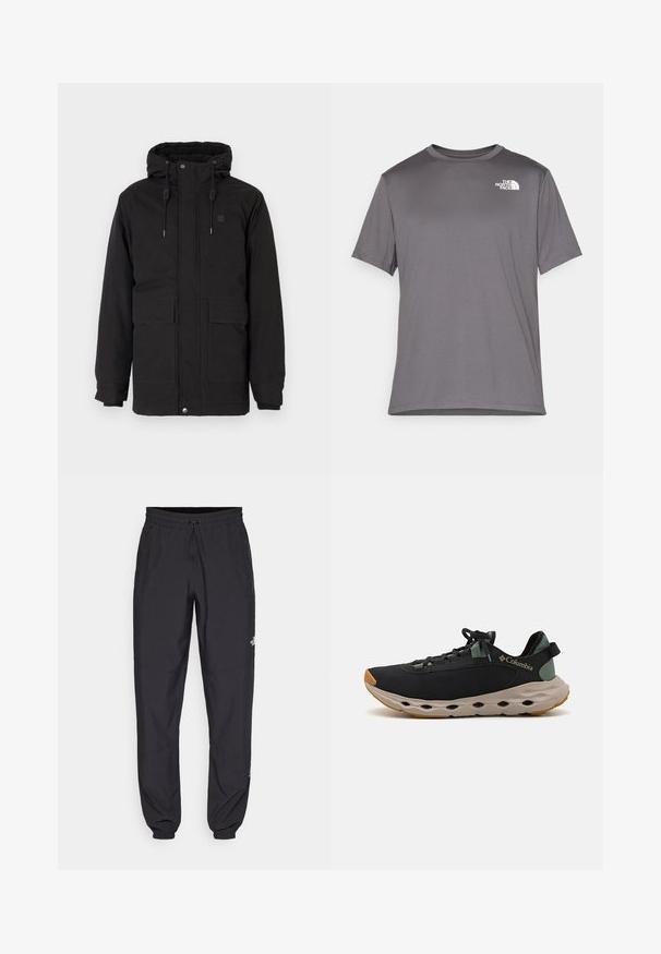 Black insulated hooded jacket, featuring two front pockets, a soft inner lining, elastic cuffs, and a zipper closure with snap buttons.; Gray short-sleeve athletic t-shirt made of smooth, lightweight fabric. Features a white logo on the left chest area. Round neck design.; Black athletic pants made from lightweight fabric, featuring a drawstring waistband, side pockets, and tapered cuffs at the ankles.; Black Columbia athletic shoes with a breathable upper, a cushiony grey midsole, and a rugged tan outsole. Features a minimalist design and adjustable laces.