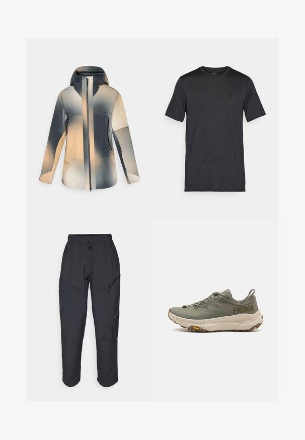 Veste d'extérieur à capuche avec fermeture éclair à l'avant, poches latérales zippées et blocs de couleurs dégradées dans des tons beige, gris et noir.; T-shirt noir à manches courtes en tissu léger et lisse. Il présente un col rond et un logo brodé sur la poitrine.; Pantalons cargo noirs en matériau léger et résistant à l'eau ; dotés d'une taille élastique, de plusieurs poches zippées et de jambes fuselées.; Chaussure de course Hoka verte avec une tige en Gore-Tex, des accents texturés, des lacets élastiques et une épaisse semelle beige comportant le logo Vibram.